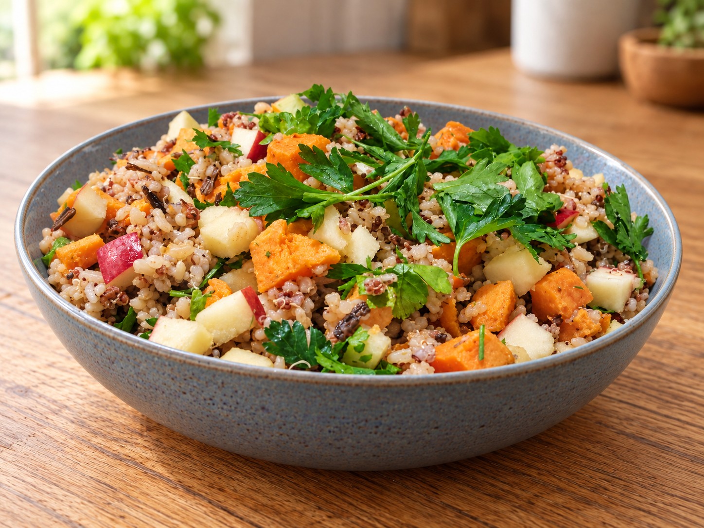 Sprouted rice and quinoa with sweet potatoes and apples