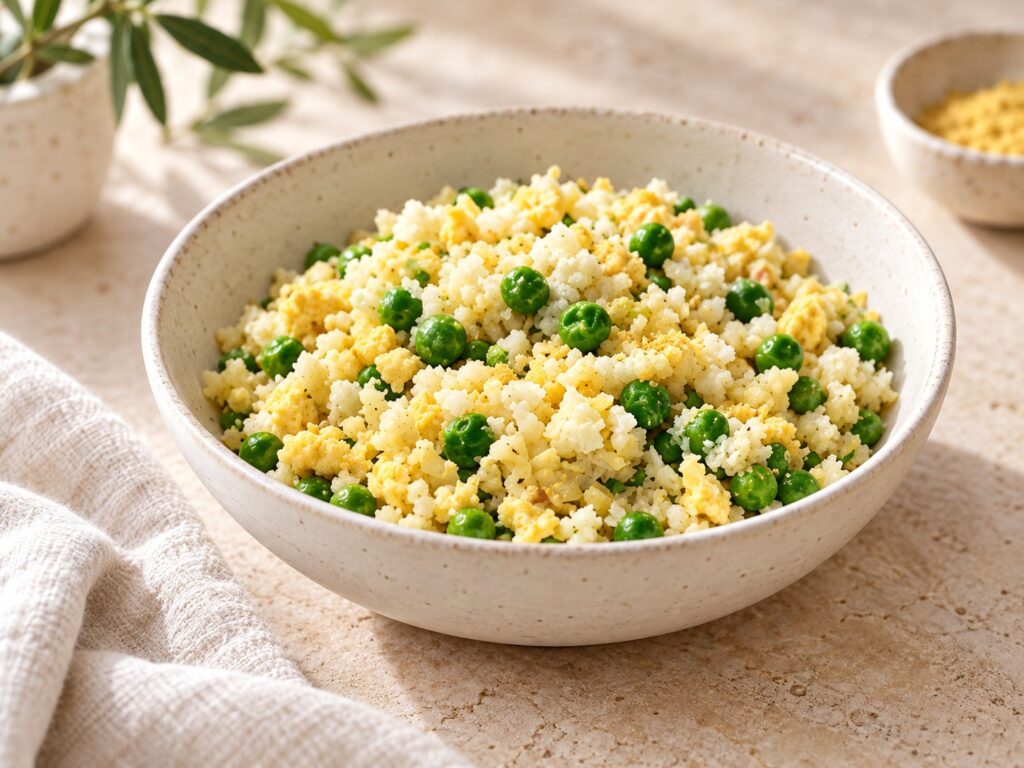 Cauliflower rice with green peas and scrambled egg in an ivory bowl