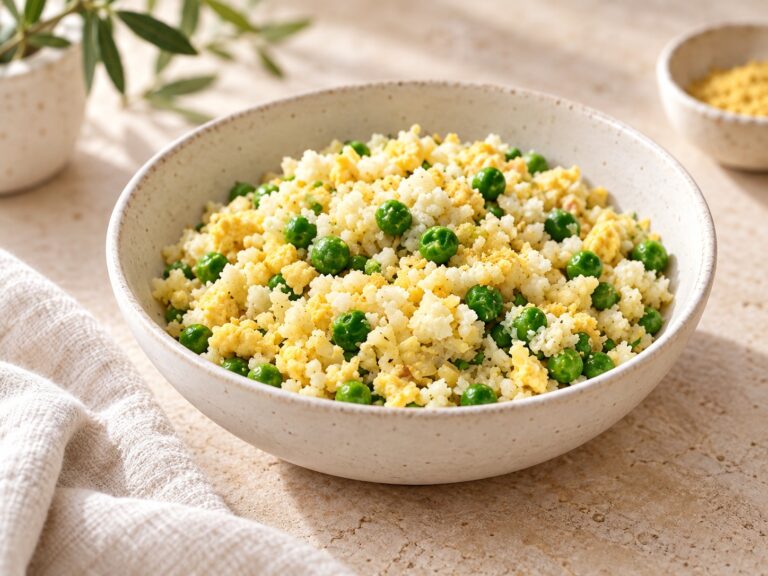 Cauliflower rice with green peas and scrambled egg in an ivory bowl