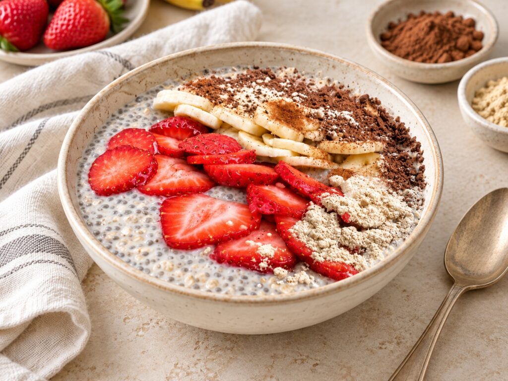 Coconut chia-oats pudding topped with strawberries, banana and flax-cocoa mix