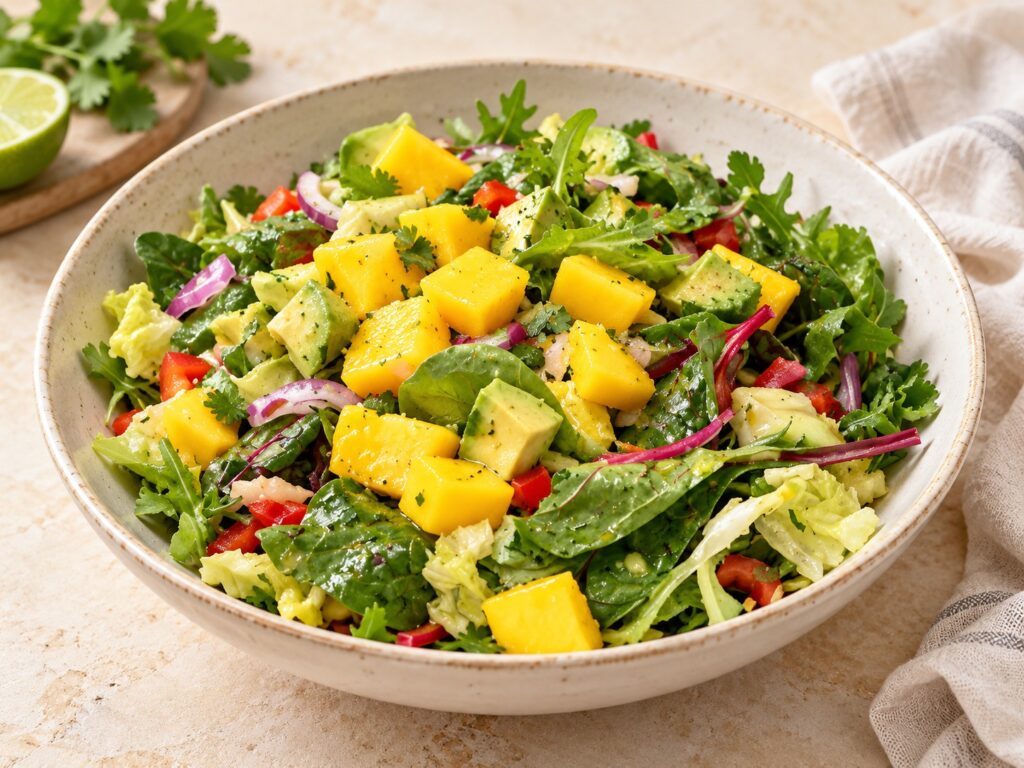 Mango and avocado salad with mixed greens, red onion, red pepper and cilantro in an ivory bowl