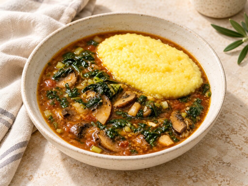 Mushroom stew with spinach and green onions served with creamy polenta in an ivory bowl