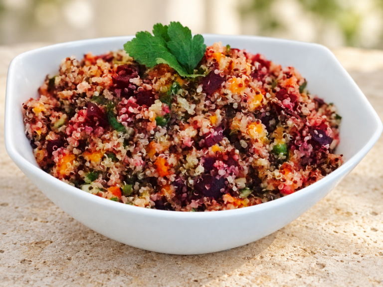 Sweet and zesty quinoa salad with roasted beet, sweet potato and cilantro in a white bowl on pale stone
