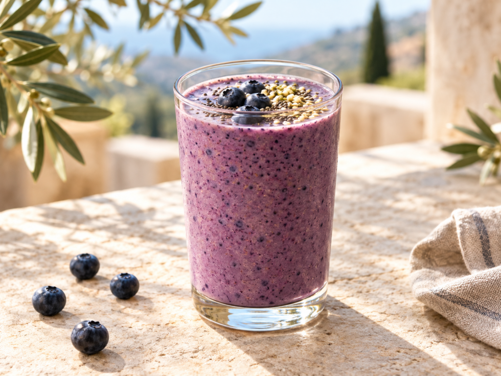 Blueberry banana shake topped with blueberries and seeds on a sunlit stone table