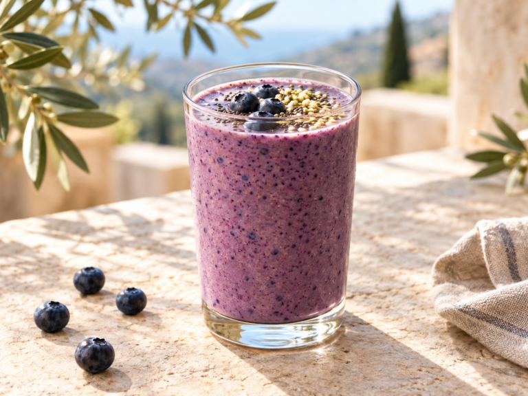 Blueberry banana shake topped with blueberries and seeds on a sunlit stone table